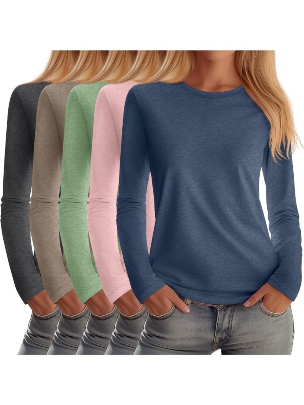5 Pack Women's Long Sleeve Crew Neck Tops - Soft, Casual, Versatile Styles